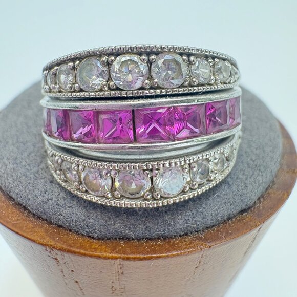 Sterling Silver Princess Cut Pink CZ Band Hinged Reversible CZ Guard Bands 5.75 - Picture 5 of 13
